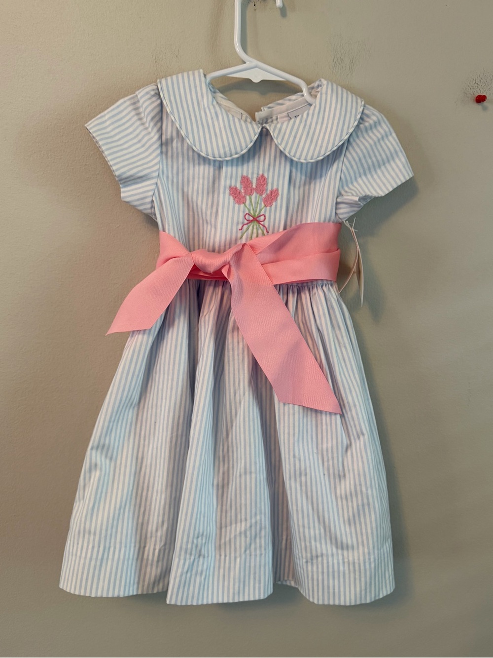 The Bailey Boys Blue & White Striped Flower Dress with Pink Bow